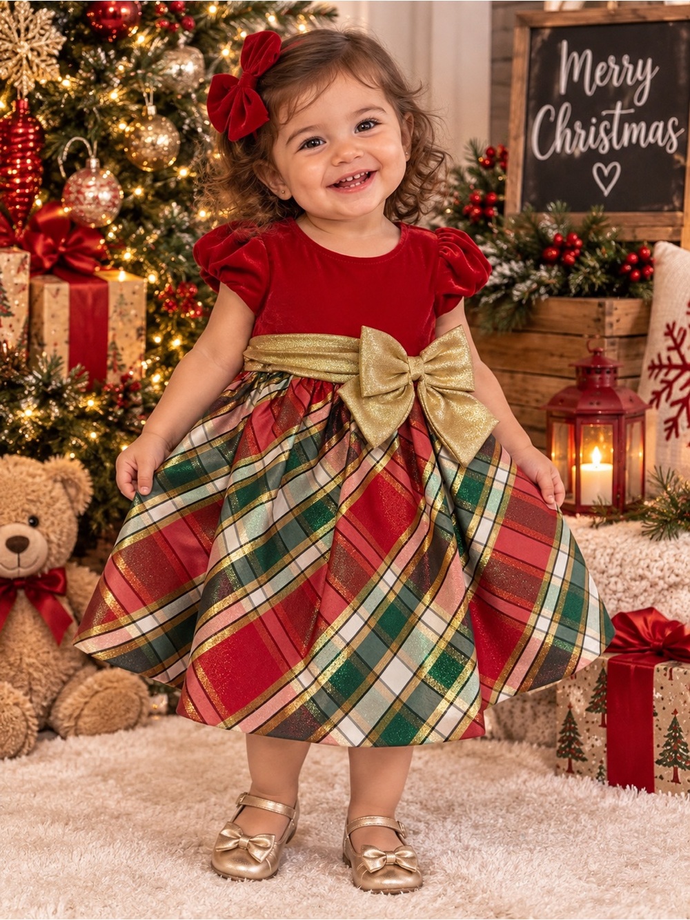New w tags! Red & Gold Plaid Holiday Dress with Gold Bow - Kids